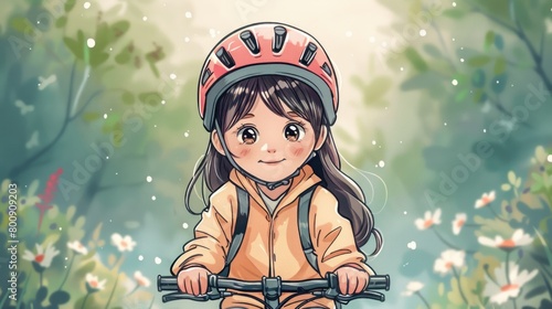 Vektor Stok Kid Girl Riding Bicycle Vector
