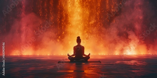 Woman practicing yoga in front of a lava flow