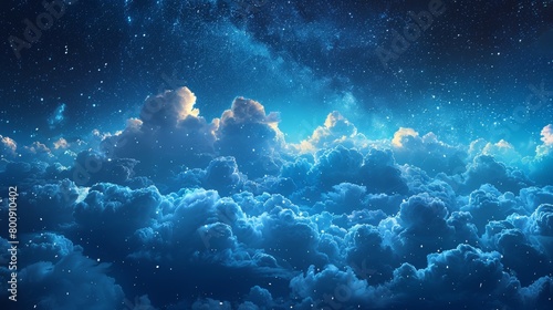 Dark black sky. Stars. White cumulus clouds. Moonlit sky. Storm front, dramatic. Wide banner, panoramic. Astrology, astronomy, science fiction, fantasy, dream.