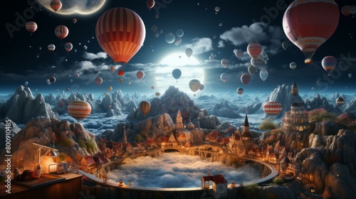 Fantasy world with floating islands and hot air balloons