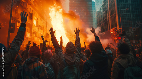 A group of people raise their hands towards the fire in the city, with a brave gesture and strong determination, their faces radiate in the warm light of the fire, dAi generated Images