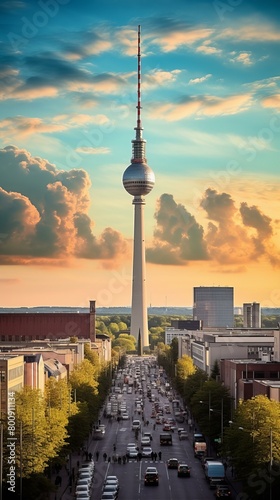 A wide shot of the Fernsehturm Berlin with cars on the road and trees on either side
