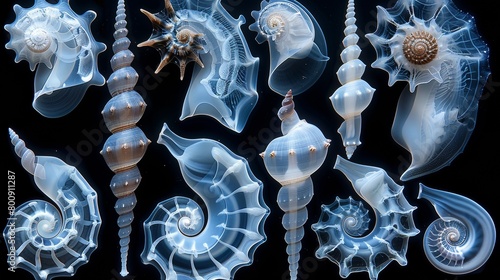 X-ray scan of a collection of sea shells, showcasing the variety of shapes and sizes.