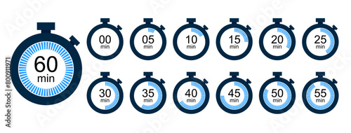 vector stopwatch or timer icons set (eps) for accurate speed ​​measurements, countdown from 0 to 60 minutes. timer, clock or stop watch for ui, app, website etc use. vector solid fill illustration 