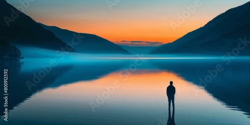 Man standing alone in a beautiful lake during sunset