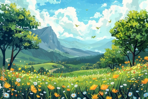 Tranquil Mountain Landscape with Vibrant Spring Blooms