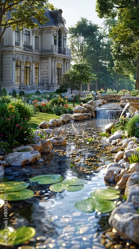 A beautiful mansion with a pond and a waterfall in the front yard