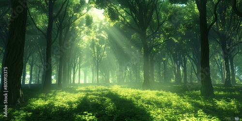 The sun shines through the forest
