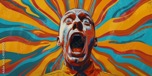 A man screams in agony surrounded by a colorful background