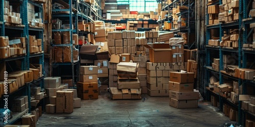 A large warehouse filled with cardboard boxes.