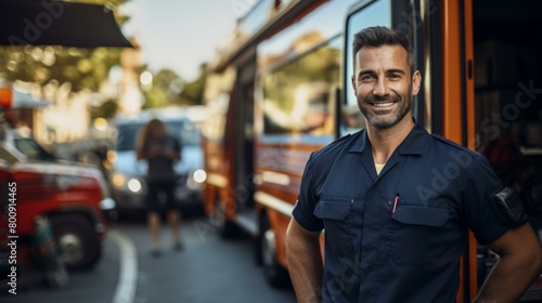 portrait of a firefighter in front of a fire truck