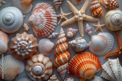 Beautiful variety of sea shells and starfish on a serene background