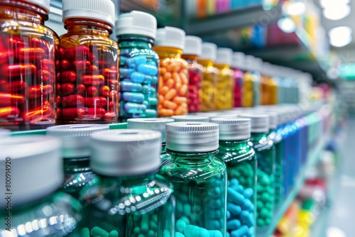 Close-up of colorful shelves of pill bottles at a pharmacy