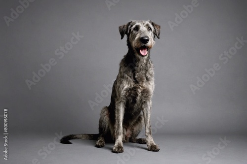 sit Irish Wolfhound dog with open mouth looking at camera, copy space. Studio shot.