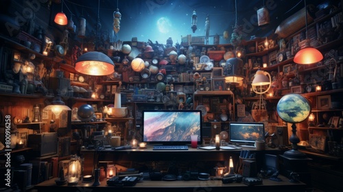 A cluttered room filled with various objects and a desk with a computer on it