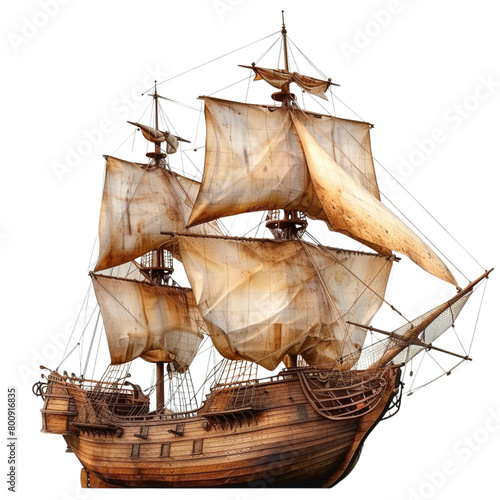 Sailing old pirate ship made with wood on a transparent background