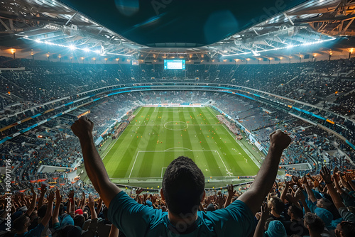 Excited Soccer Fan Cheering in a Crowded Stadium