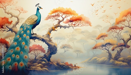 Kolorowe pawie siedzące na gałęzi drzewa. Orientalna, egzotyczna tapeta, grafika