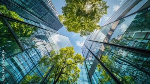 Low angle shot of modern glass building and green trees against clear sky background,AI generated image.