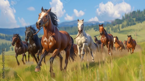 A group of horses playing a racing game on a ranch, using special stirrup controllers.