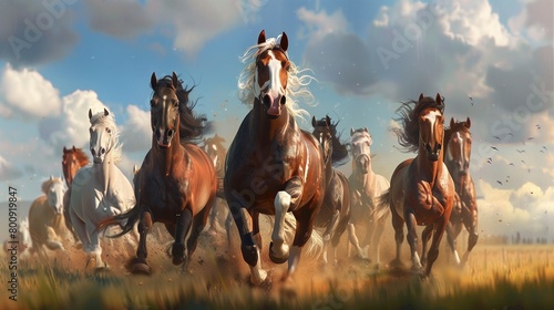 A group of horses playing a racing game on a ranch, using special stirrup controllers.