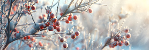 Close up on red rowan berries in snowy nature,Vibrant Red Rowan Berries in Snowy Wilderness.