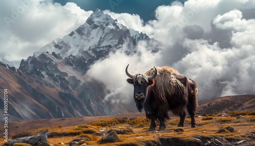 A yak in the mountains surrounded by clouds 