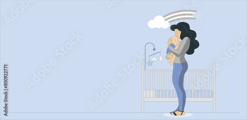 Cute mom with a newborn. The concept of motherhood, family. Flat design with copy space. Happy woman hugs toddler, long hair on a background of blue leaves. Vector on a blue background. 320