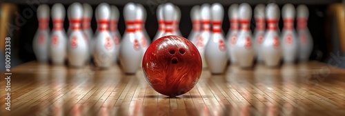 Intense moment bowler releasing ball towards pins in electric bowling alley atmosphere