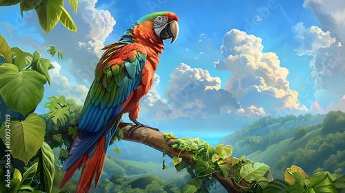 A majestic parrot perched atop a lush, verdant branch, its vibrant plumage glistening in the sunlight, against a backdrop of azure skies and rolling hills