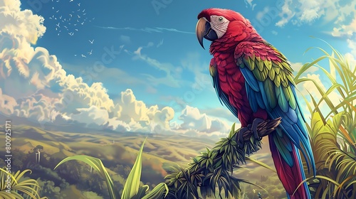 A majestic parrot perched atop a lush, verdant branch, its vibrant plumage glistening in the sunlight, against a backdrop of azure skies and rolling hills