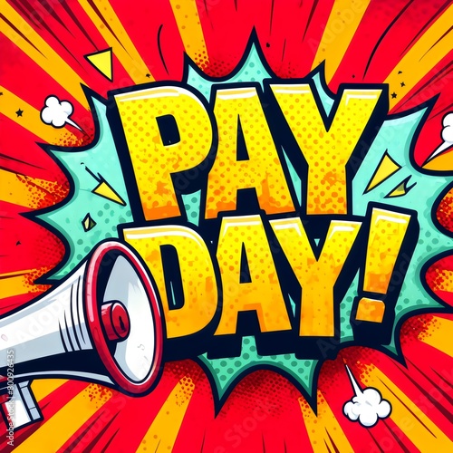 the excitement of payday with a striking, comic book-style design. The words "PAY DAY!" are in bold, attention-grabbing font at the center