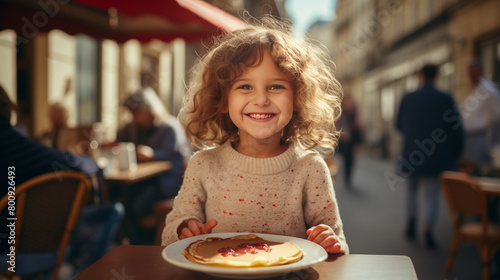 A little girl eating pancakes in Paris, smiling child in a cafe on a small street near Eifel Tower, with pastry in hands, authentic French food, eating crepes, cute kid eating in France, travelling