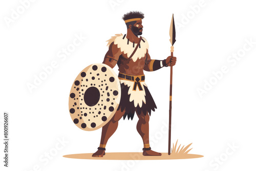 Zulu Impi: A powerful Zulu warrior, armed with an assegai and wearing a cowhide shield, on a minimalist background.