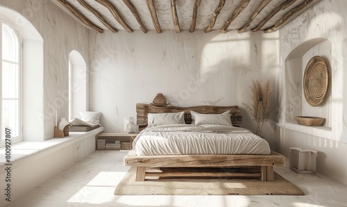 Greek island architecture style bedroom interior design with rustic wood bed frame, white walls and ceiling with textured sand effect