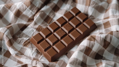 the kinder maxi chocolate bar lies slightly ajar on a white plaid. World Chocolate Day concept. Sweet chocolates perfect for valentines day background.