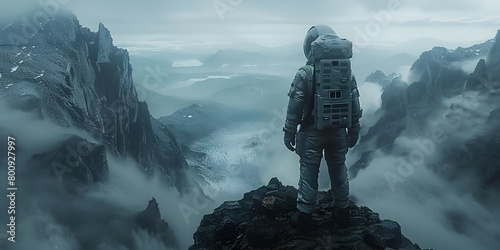 Silhouetted Astronaut Gazing Over Alien Mountainous Landscape in Cinematic Composition