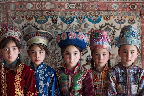 Five children in traditional Kazakh costumes against the backdrop of a patterned carpet. Tapestry. Kyrgyz youth in embroidered headscarves and hats. Uzbek kids. Embroidery. Culture. Generation