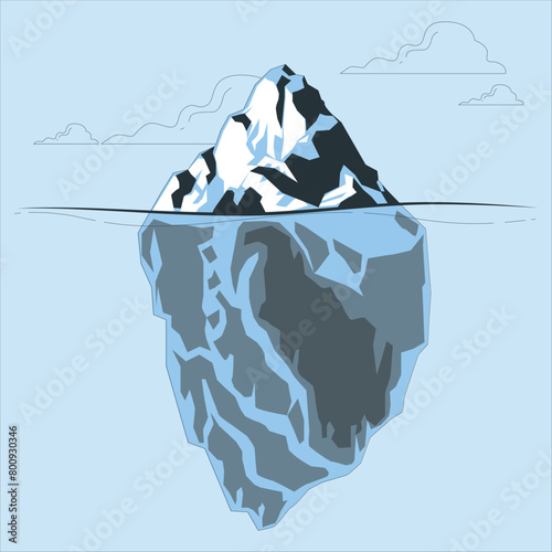 Iceberg in clear blue water and hidden danger under water. Iceberg - Hidden Danger And Global Warming Concept. Floating ice in ocean. Copy space for text and design 380