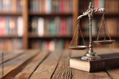 A scale of justice sitting on top of a wooden table, books are on blurred background. Law and the legal system