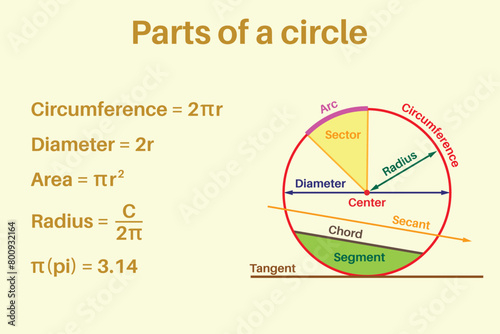 Parts of a circle. Education. Science. School. Vector illustration.