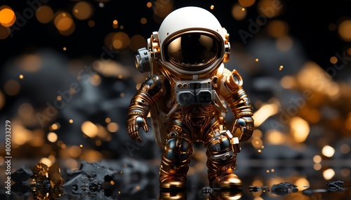 An astronaut in a gold spacesuit stands on a dark planet. The astronaut is looking at the camera. There is a bright light in the background.
