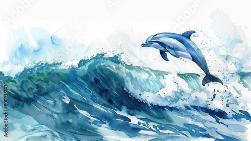 Watercolor painting depicting dolphins jumping out of the ocean waves