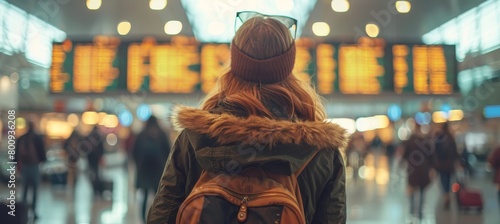 Female traveler at airport terminal, checking departure information on digital display