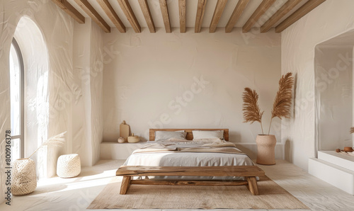 Greek island architecture style bedroom interior design with rustic wood bed frame, white walls and ceiling with textured sand effect