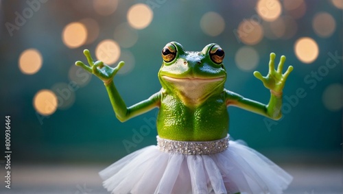 A whimsical green frog in a white tutu making a comical gesture with sparkly background adding a touch of magic
