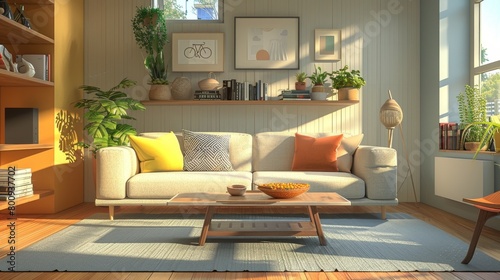 Family Living Room Functional Design: A 3D illustration showcasing a living room with a functional design
