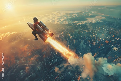 A surreal photo of a corporate professional soaring on a rocket over a bustling metropolis, epitomizing ultimate success