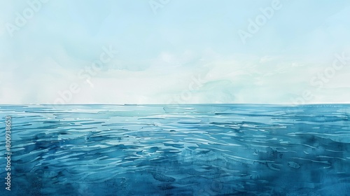 Serene watercolor of a distant horizon where the sky meets the calm sea, soothing shades of blue creating a tranquil scene
