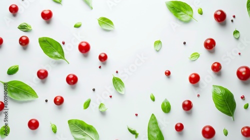 Mediterranean inspired still life fresh organic tomatoes and basil leaves on white table